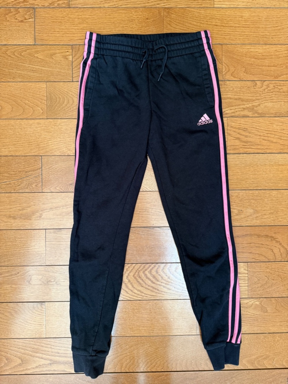 Adidas Black Joggers with Pink Side Stripes